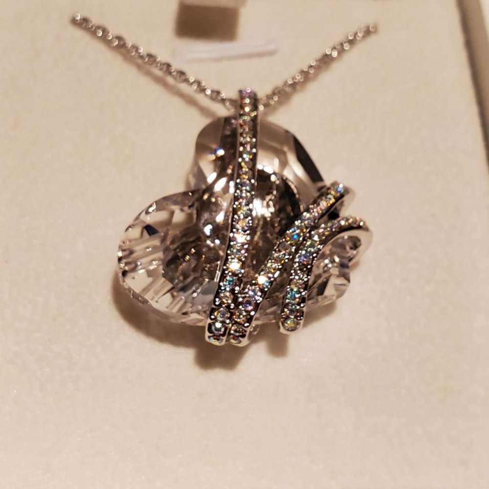 Heart and Rhinestone Necklace with Silver Chain